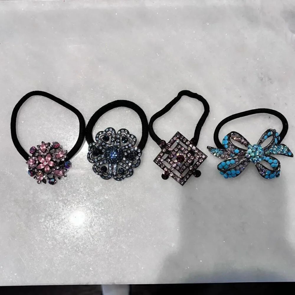 Lot Of 4 Vintage Sparkly Rhinestone Embellished Elastic Ponytail Hair Ties Multi